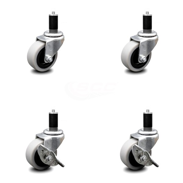 2 Inch Thermoplastic Wheel 1-3/8 Inch Expanding Stem Caster Set with 2 Brakes